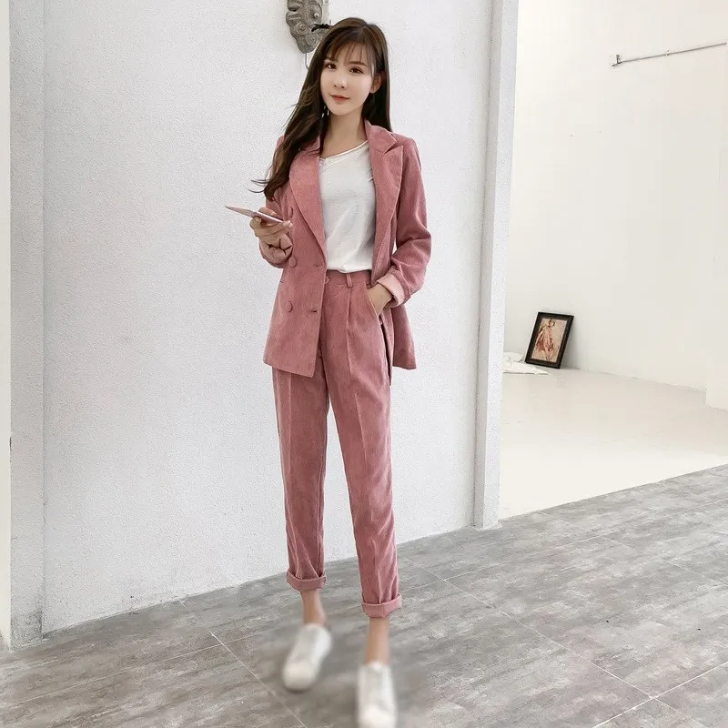 

New Women's Corduroy Blazer Two Piece Sets Notched Collar Casual Jacket Loose Clothing Suits