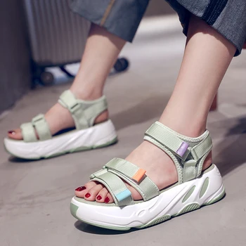 

Fashion Women Platform Sandals Solid Color Mesh Upper Convenient Velcro Thick Bottom Increase 4.5 Cm Flat Heel Women Sandals