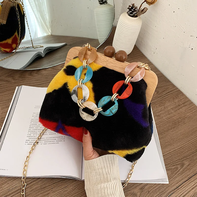 Crossbody Bags Women Wood Clip Autumn And Winter Plush Handbag Korean Acrylic Chain Shoulder Clutch