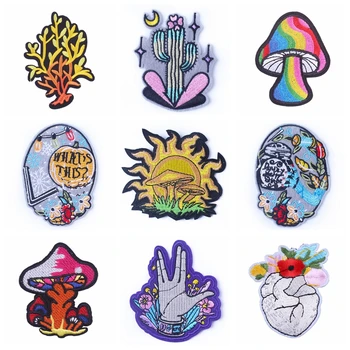 

Nature Embroidered Patches For Clothing Stickers for Clothes Mushroom Patch Plants Iron on Patches On Clothes Stripe Decoration