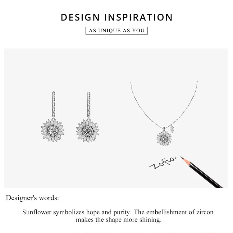 bamoer Silver Sunflower Jewelry Set 925 Sterling Silver Gold Color Lucky Necklace Earring Gift for Women Fashion Jewelry  ZHS222