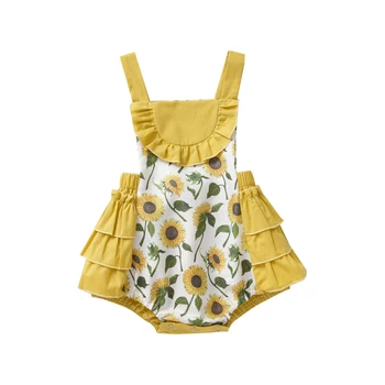 

0-24M Newborn Kid Baby Girls Clothes Sunflower Printed Romper Off Shoulder Ruffles Sleeveless Body Top Elegant Cute Outfit