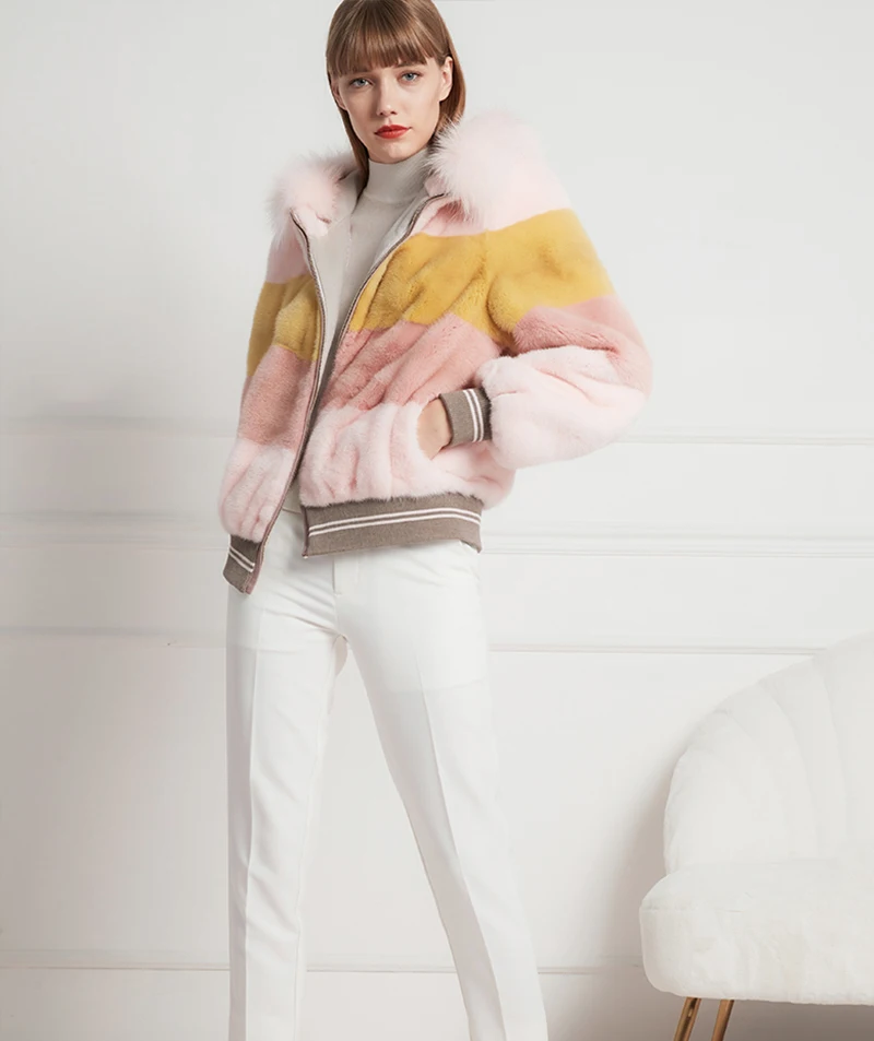 Ftangaiur Winter Import Velvet Mink Coat With Fur Hood Contrast Color Natural Fur Coat Women's Short Real Mink Fur Coats