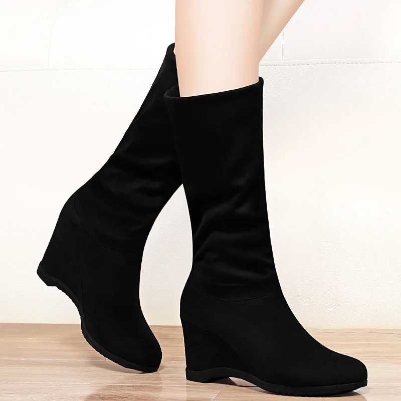

Thigh Boot Knee Boots Knight Boots 2019 Autumn & Winter New Style Elevator Middle Boots plus Velvet Boots WOMEN'S Shoes Mid-leng