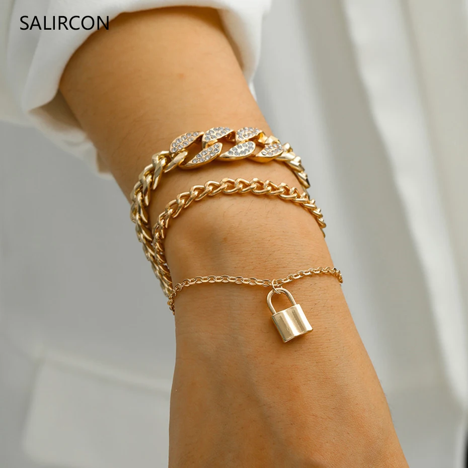 

Salircon Punk Miami Curb Cuban Chain Lock Charm Bracelet Set Multi Layer Chunky Rhinestone Bracelet For Women Goth Hand Jewelry