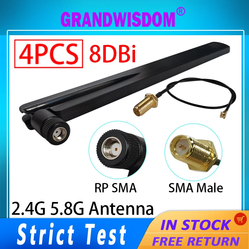 GRANDWISDOM 4pcs 2.4g 5.8g antenna 8dbi sma male wlan wifi dual band antene router tp link antena IPX ipex 1 SMA female pigtail wifi 6 dual band wireless router tp link tl xtr11060 easy exhibition turbo edition ax11000m eight antennas