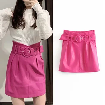 

Fashion women's skirt PU faux leather sashes A-line skirt women casual pfaldas mujer moda 2020 chic female mini skirt ropa mujer
