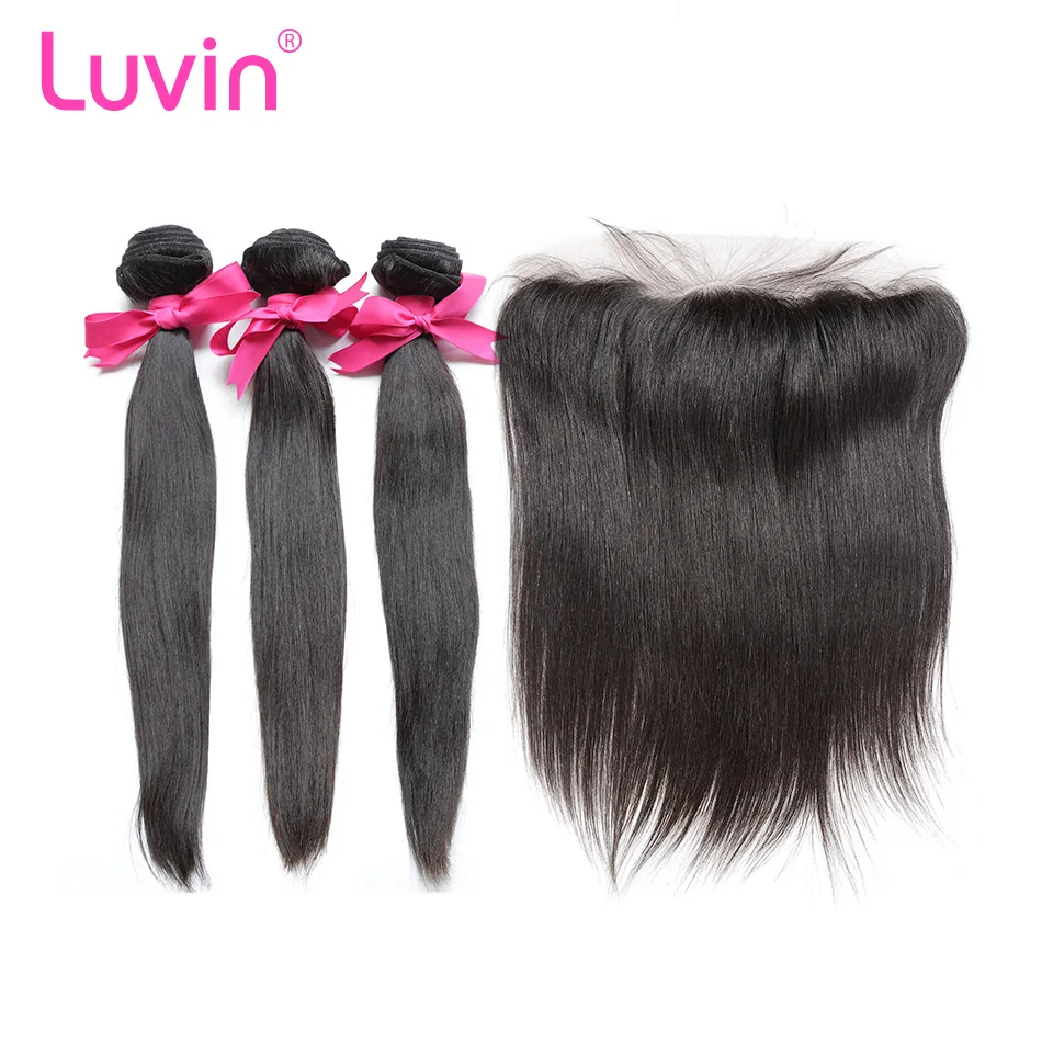 

Luvin OneCut Hair Straight Peruvian Hair Weave 3 4 Bundles With 13x4 Lace Frontal Closure Virgin Natural Human Hair Extension