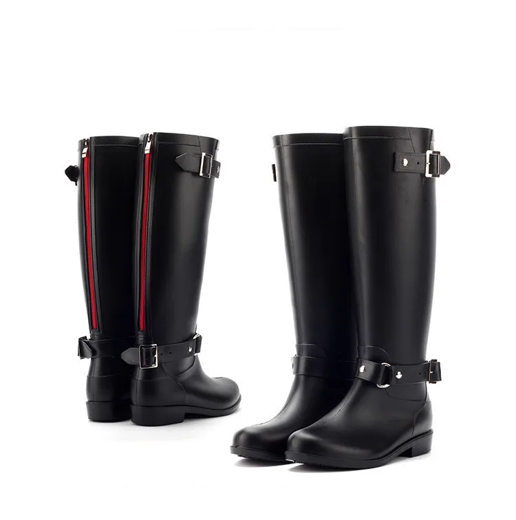 Резиновые сапоги; водонепроницаемая обувь на плоской подошве; женские Модные непромокаемые сапоги черного цвета на молнии; удобная женская обувь из ПВХ на нескользящей подошве - Цвет: 89519 Black Red