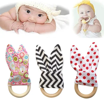 

Baby Teething Ring Rabbit Ears Teether Safe Organic Wooden Natural Cute Baby Toys for Baby Shower Gift