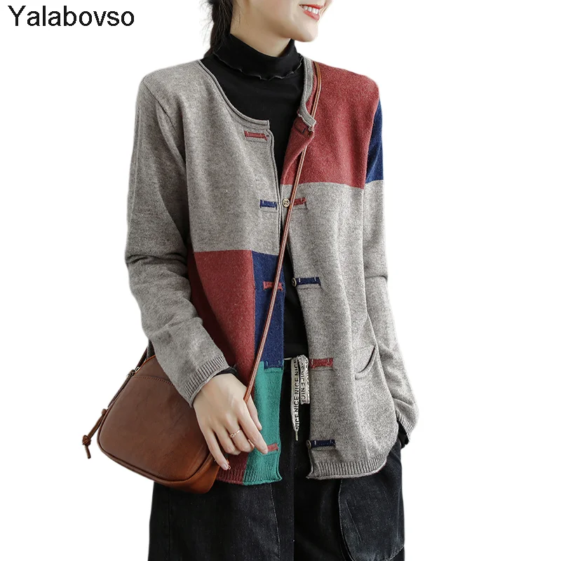 

Sweater Women's Clothing O Neck Buckle Color-matching Cored Yarn Cardigan Short Coat Autumn New Loose Outerwear Yalabovso