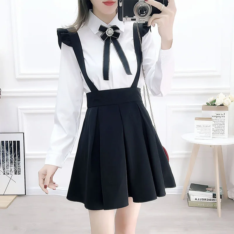 

2020 Spring New Style College Style Bow Decoration Shirt Pleated Suspender Skirt Two-Piece Set Students GIRL'S Spring
