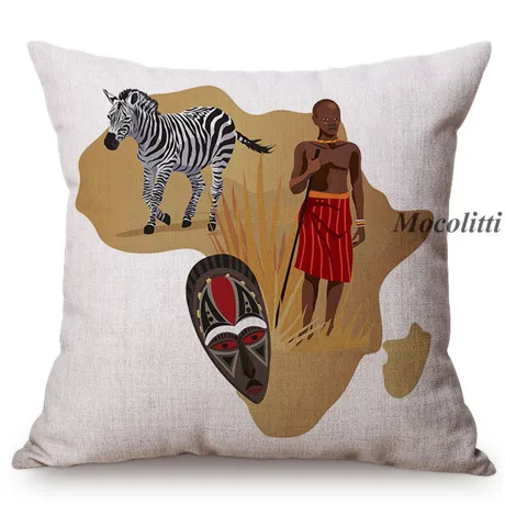 Africa Map Design Home Decor Sofa Throw Pillow Case African Nation Features Mask Wild Animals Style Cotton Linen Cushion Cover M161-1