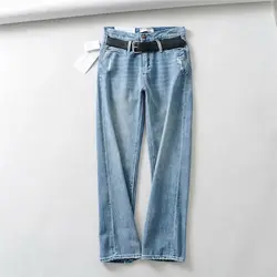 Осенние и зимние новые модные модели звезд тонкие джинсы с высокой талией женский ремень со строчкой свободные прямые джинсы с дырками для