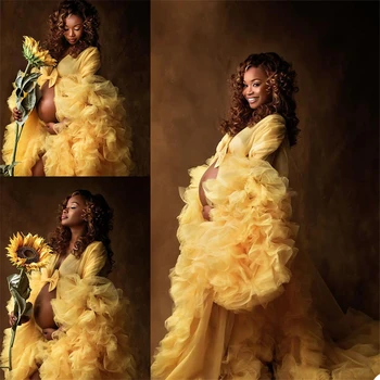 

Ruffles Night Robe Yellow Maternity Dress for Photoshoot or Babyshower Photo Shoot Lady Sleepwear Bathrobe Sheer Nightgown