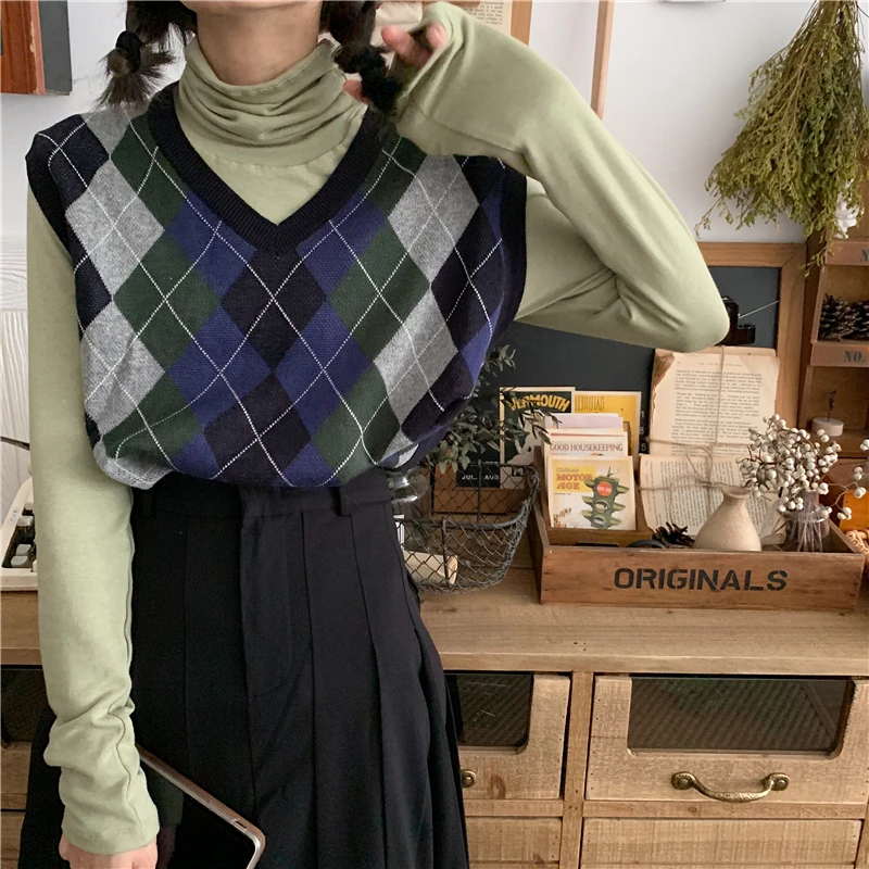 Осень и зима корейский стиль плед цветной Пэчворк без рукавов свитер с v-образным вырезом трикотажные жилеты женские(J8885