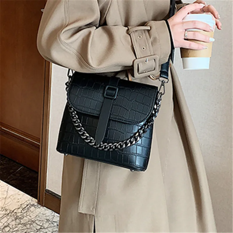 

2020 New Stone Pattern Square Handbags with Lock Luxury Womens PU Crocodile Shoulder Bag Elegant Female Chain Crossbody Bags Sac