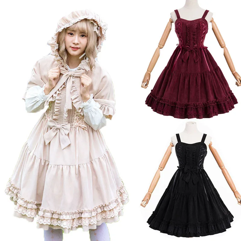 Vintage Corduroy Strap Knee Length Jumper Dress Women Sweet Lolita Warm Ruffle Bow Corset Flower Embroidery For Lady Girls | Женская