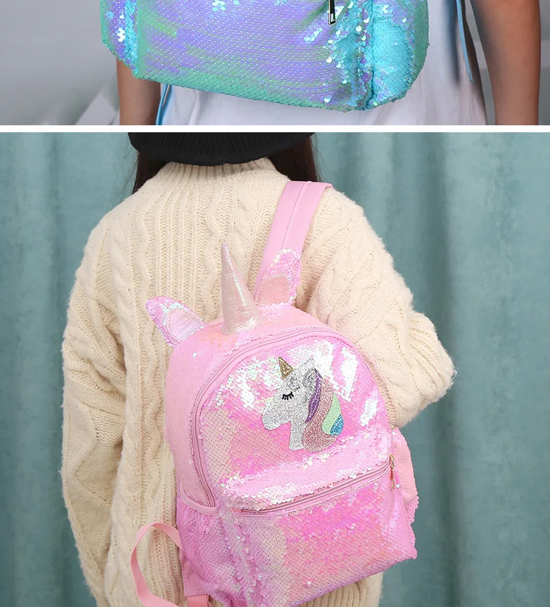 Girl Sequin Mermaid Backpack Children Large Zipper Unicorn Schoolbag Teenager Hologram Heart Love Backpack For School Travel Bag