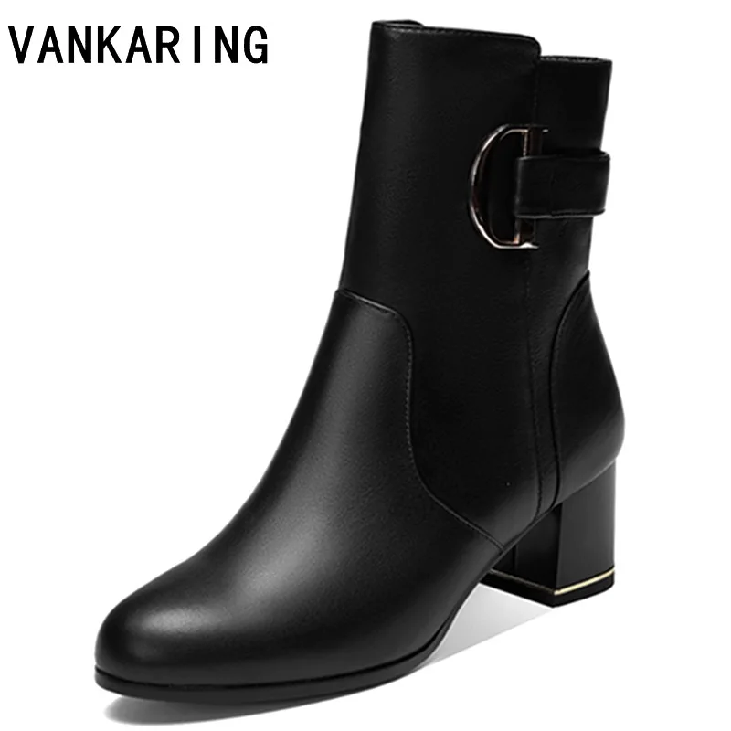 

women ankle boots winter thick high heels riding boots ladies fashion buckle pointed toe gladiator black leather shoes for woman
