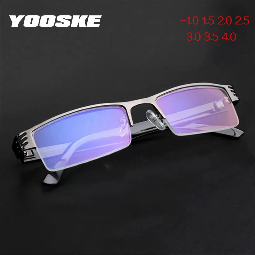 YOOSKE Металл готовой близорукость очки Для мужчин синяя пленка половина оправы для очков близоруким очки-1,0 1,5 2,0 2,5 3,0 3,5 4,0