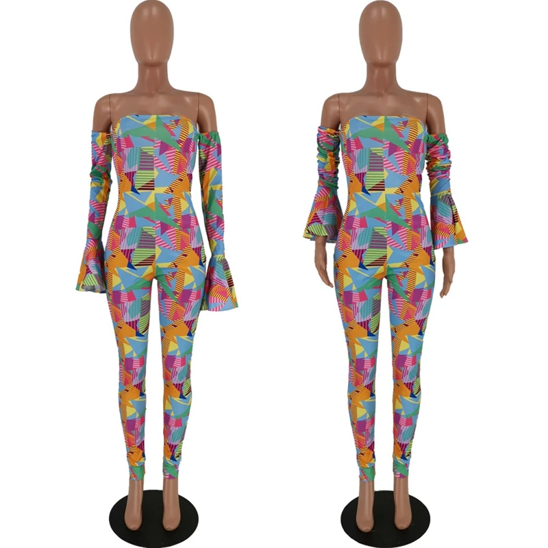 Sexy Bodycon Rompers Womens Jumpsuit Plus Size Geometric Print Jumpsuit Flare Long Sleeve Casual Skinny Party Club Jumpsuit