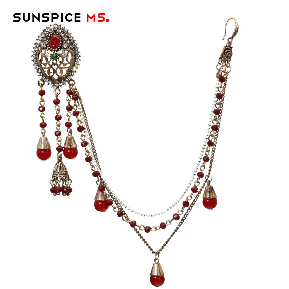 SUNSPICE MS индийские серьги в виде капель с ссылка повязка на голову, натуральный камень, ручной работы цепь под старину цвет золотистый Свадебные ювелирные изделия из жемчуга для женщин Подарки - Окраска металла: LL092red-left