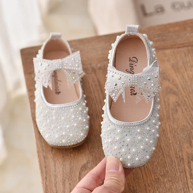 New Girls Single Princess Shoes Pearl Shallow Children's Flat Shose Kid Baby Bowknot Shoes 2022 Spring Autumn B207 Silver