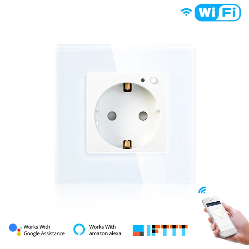 ЕС WiFi умная настенная розетка 16А розетка стеклянная панель Gemany Smart Life/Tuya пульт дистанционного управления работает с Amazon Echo Alexa Google Home - Цвет: White