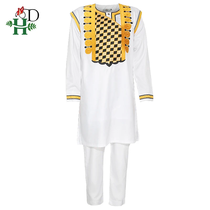 

H&D African Men Agbada Clothes Cover Shirt Pants Suit Embroidered Dashiki Robe Africaine Formal Attire Long Sleeve Tops Trousers