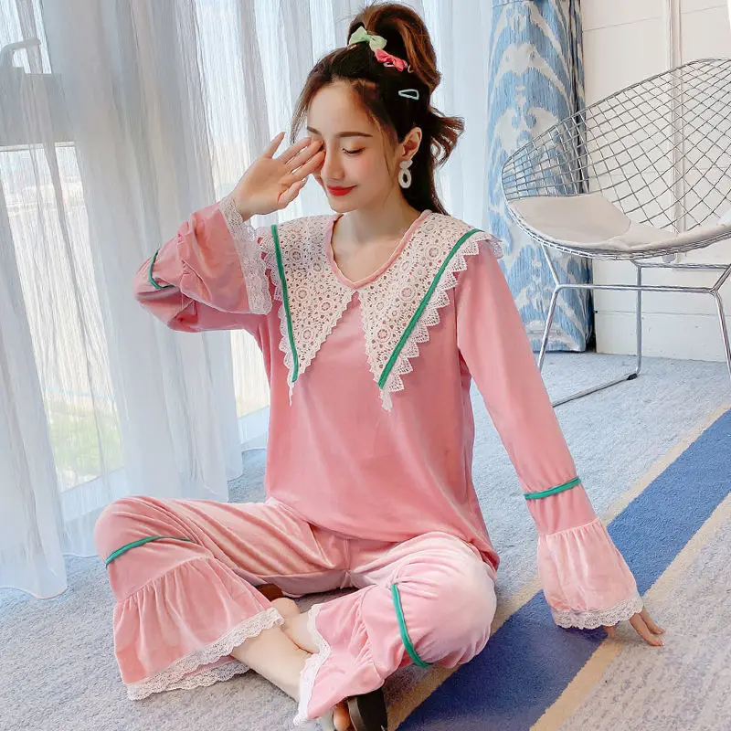 

Fashion Long Sleeve Gold Velvet Pajamas Set Women 2020 Autumn Winter Warm Pajama Sets Plus Size Sleepwear Pyjama Nightwear Set