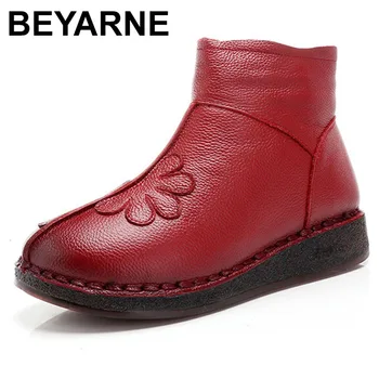

BEYARNE Winter Women Snow Boots Genuine Leather Warm Plush Ankle Boots For Women Warm Shoes Mixed Colors Women Platform Boots