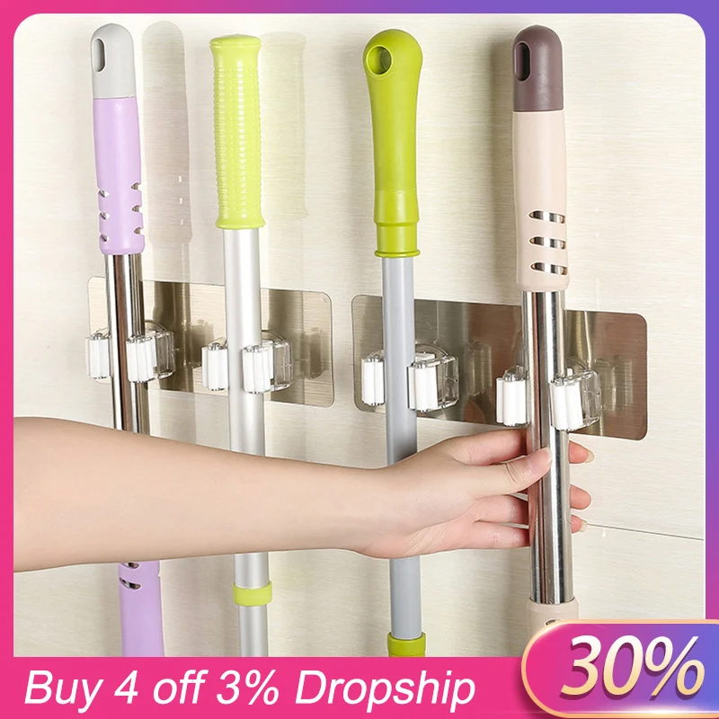 

Wall Mounted Mop Organizer Holder Brush Broom Hanger Storage Rack Kitchen Tool Accessory Hanging Pipe Hooks Wall Housekeeper