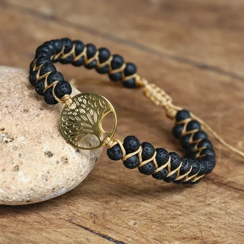 Onyx Stainless Steel Tree of Life Charm Bracelets Women Bohemia Yoga String Braided Wrap Bracelet Femme Handmade Jewelry