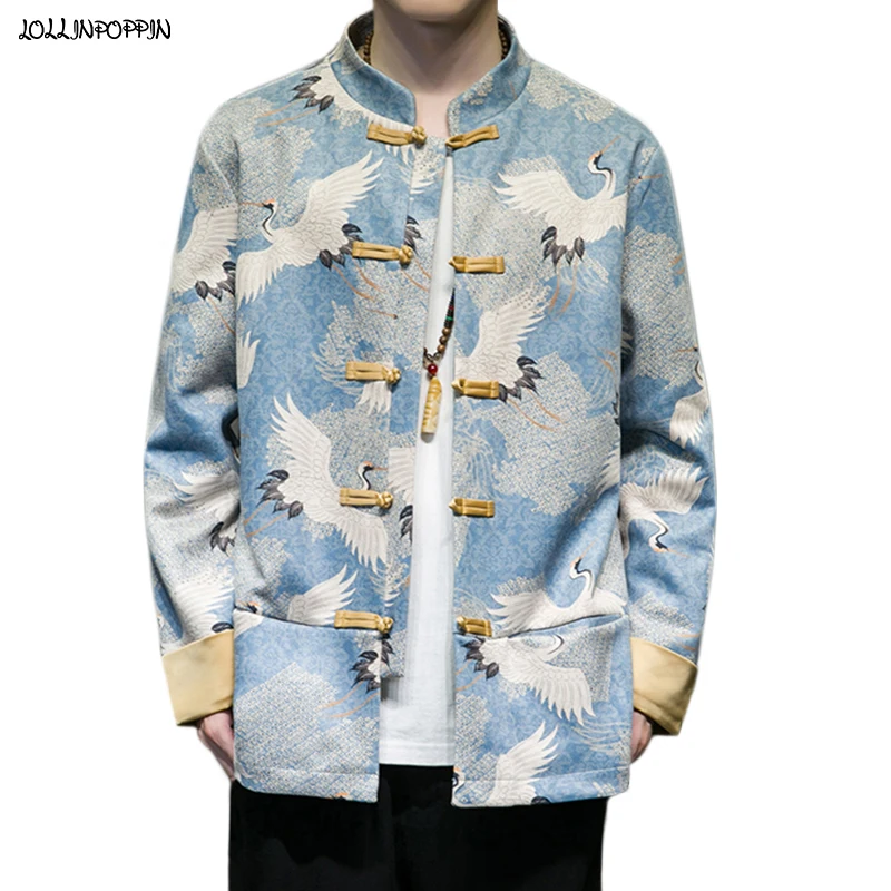 

Chinese Style Crane Printed Men Faux Suede Jacket Stand Collar Frog Closures Single Breasted 2022 Autumn Mens Tunic Jacket