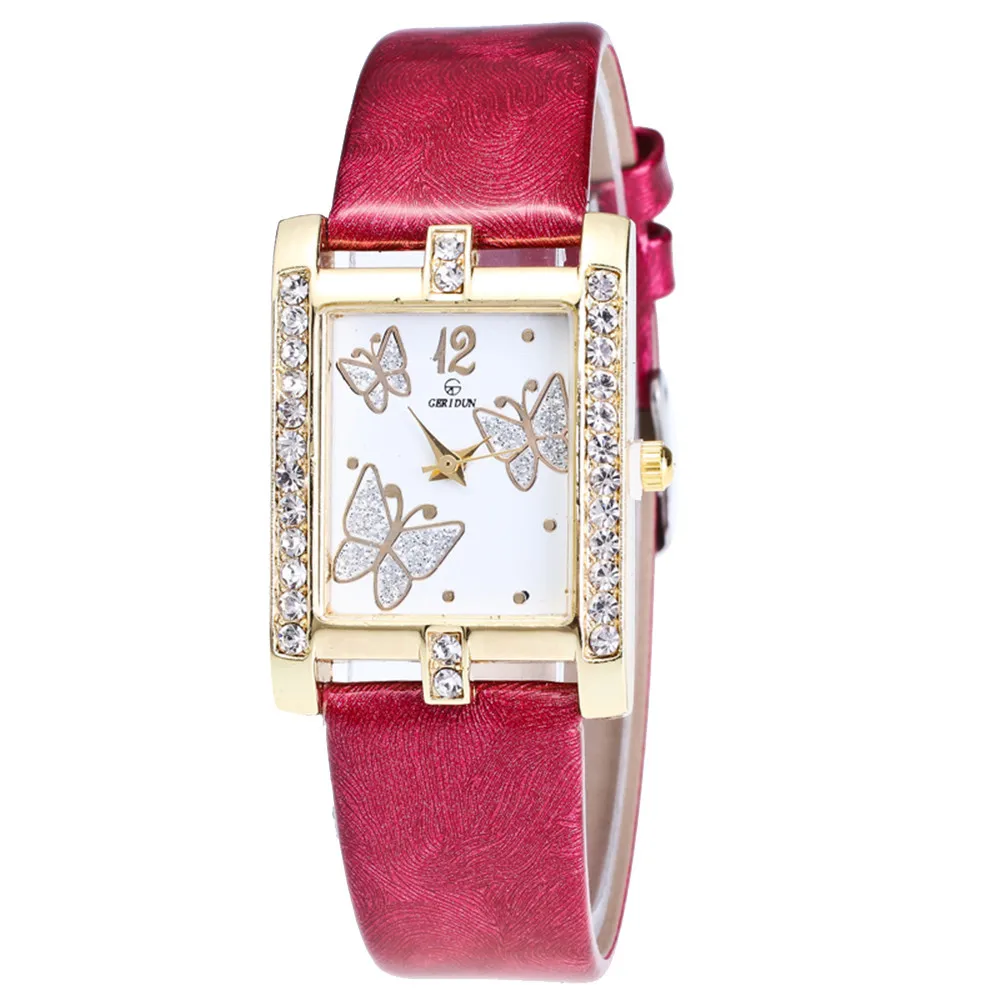 Роскошные женские часы ярких цветов квадратный циферблат с бабочкой кварцевые наручные часы с кожаным ремешком женские часы reloj mujer# D