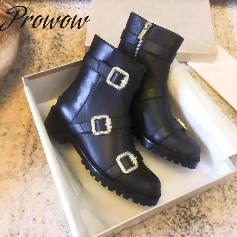

Prowow New Fashion Square Toe Slip On Motorcycle Boots Thick Low Heel Cowoy Women Boots Shoes Women