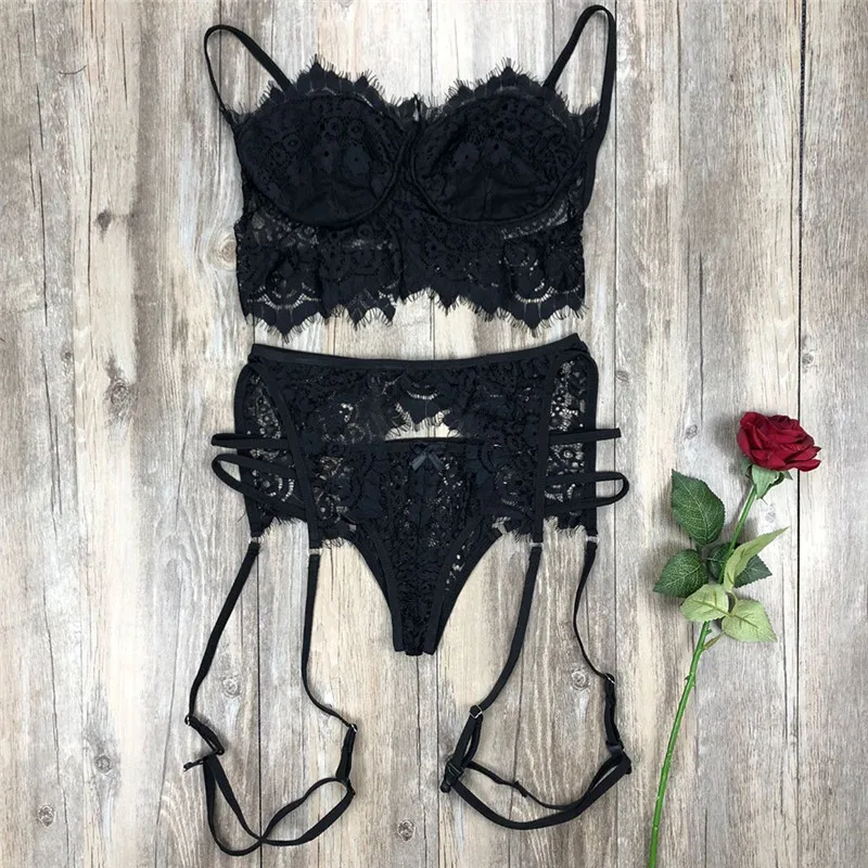 3 шт женское сексуальное нижнее белье кружевной Babydoll бюстгальтер стринги подвязка пояс набор нижнего белья
