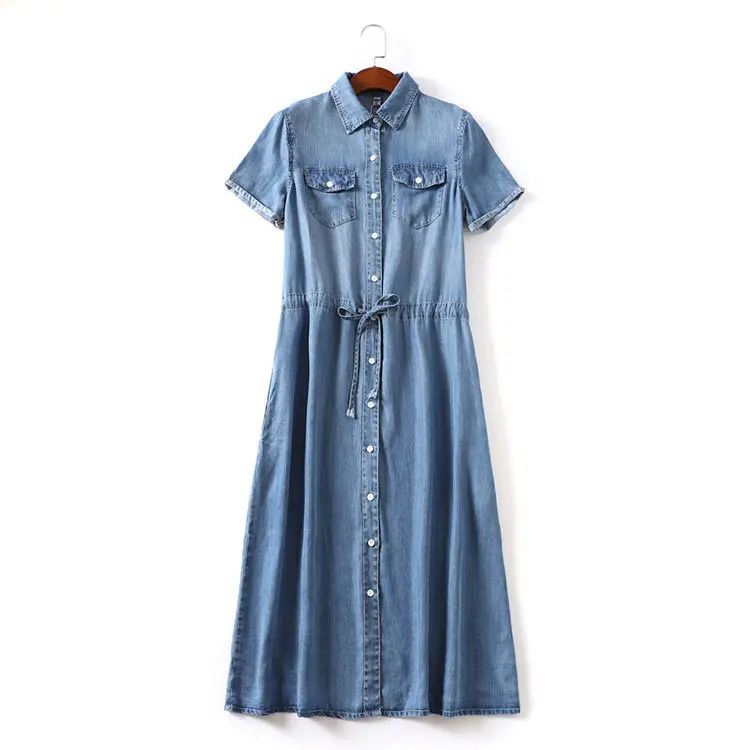 

K540. 7-a960-Europe And America WOMEN'S Dress Summer New Style Fold-down Collar Drawstring Long Tencel Computer Cable Lock