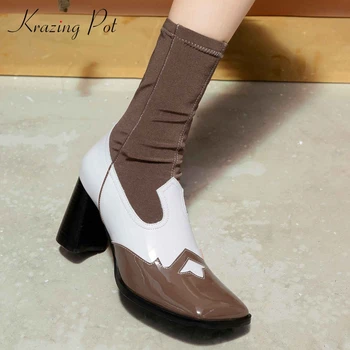 

krazing pot sock boots cow leather high street fashion mixed colors thick high heel square toe slip on noble mid-calf boots L03