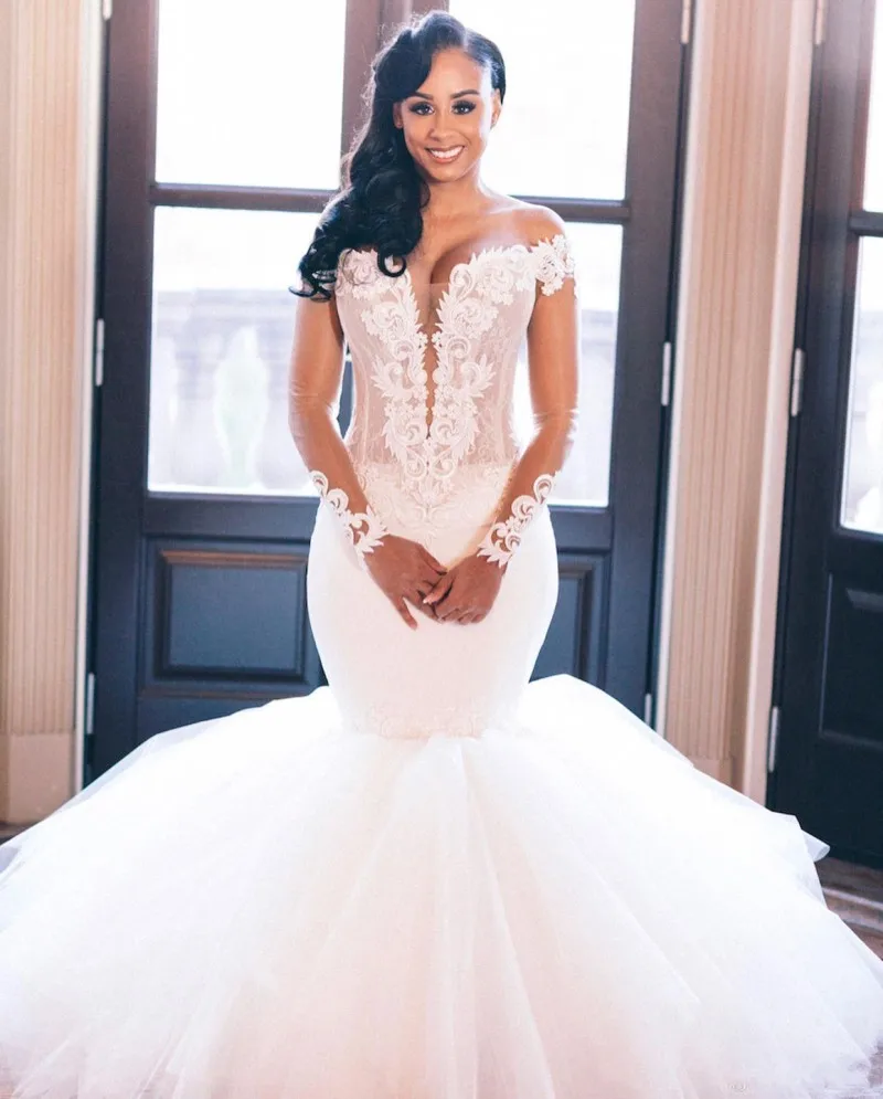 

Modern African Mermaid Wedding Dresses V Neck Off Shoulder Long Sleeve Ruched Ruffles Appliques Plus Size Bridal Gowns