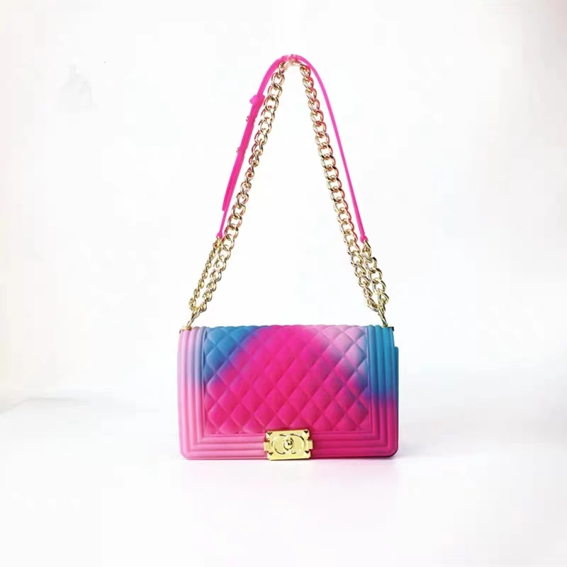 

2019 INS Popular Color Handbags Ladies Shoulder Bag PVC Fashion Handbags Luxury Color Matte Rhombic Jelly Bag Flap Chain bags