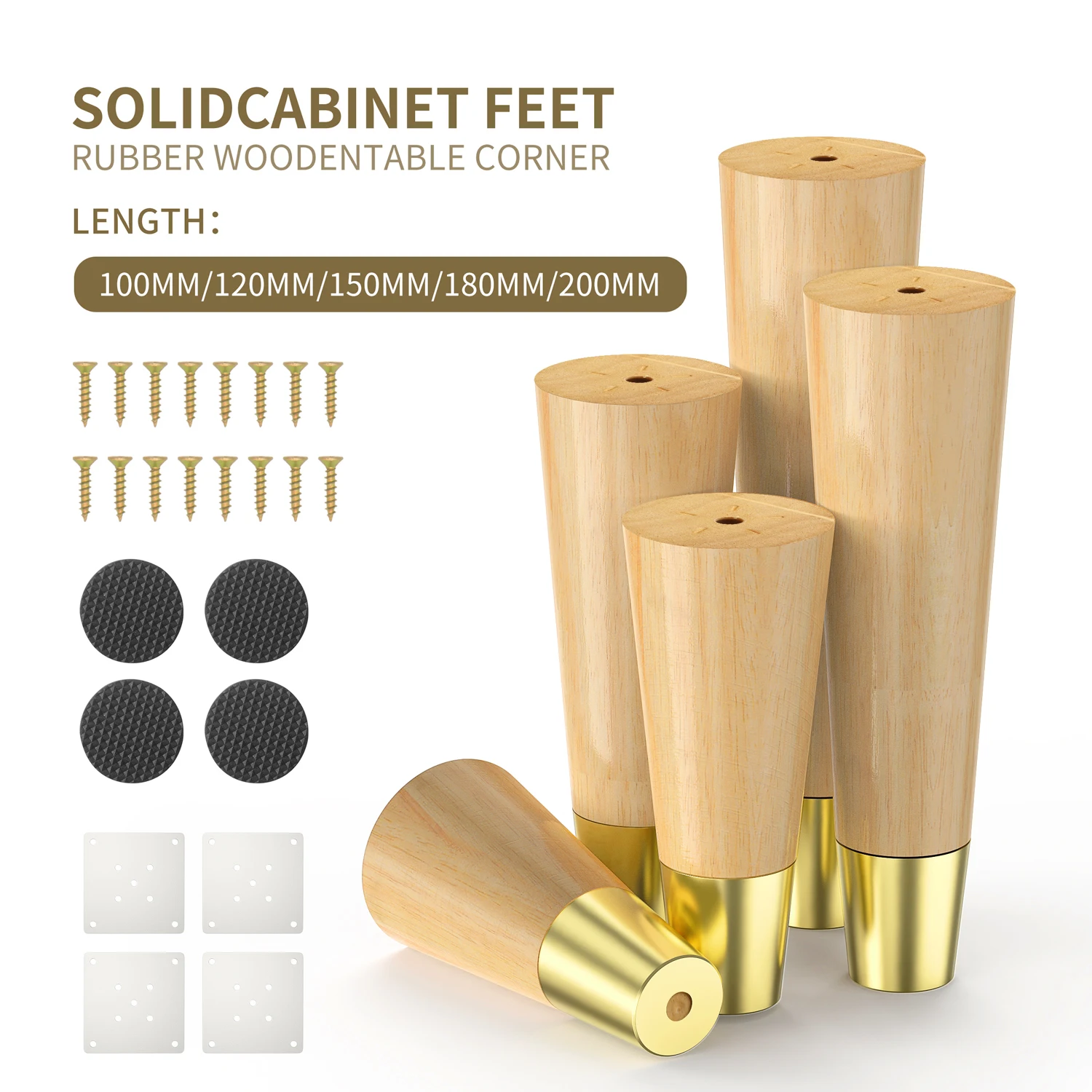 1Pcs 10-20cm Straight feet Solid Wood Furniture Legs,With Pure Copper Protective, For Cupboard Sofa legsTable Fittings Oak Feet