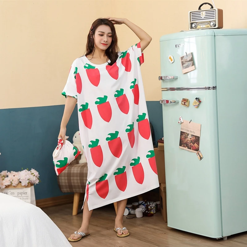 Night Gown Printing Fruits New Arrival Robe Summer Loose Women Sleepwear Kimono Robe XL Leisure Short Sleeve Thin Nightgowns