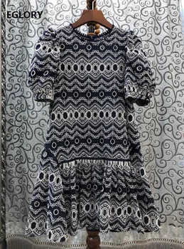 

100%Cotton Embroidery Dress 2020 Summer Style Women O-Neck Allover Exquisite Embroidery Short Sleeve Vintage Black Dress Mini