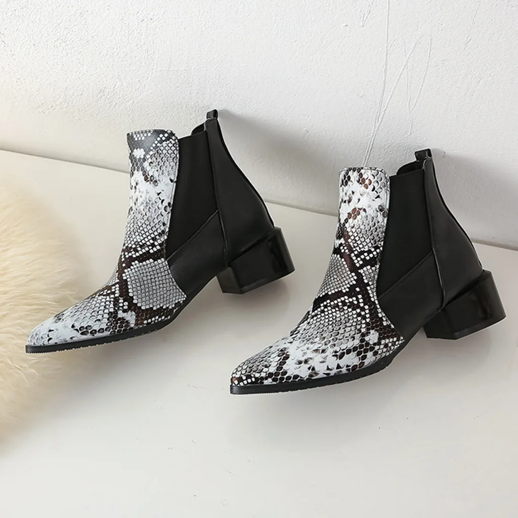 ankle boots heels woman Snake Grain Pointed Toe Slip-Up Boots Square Heels Vintage Women bota infantil para neve#109g25