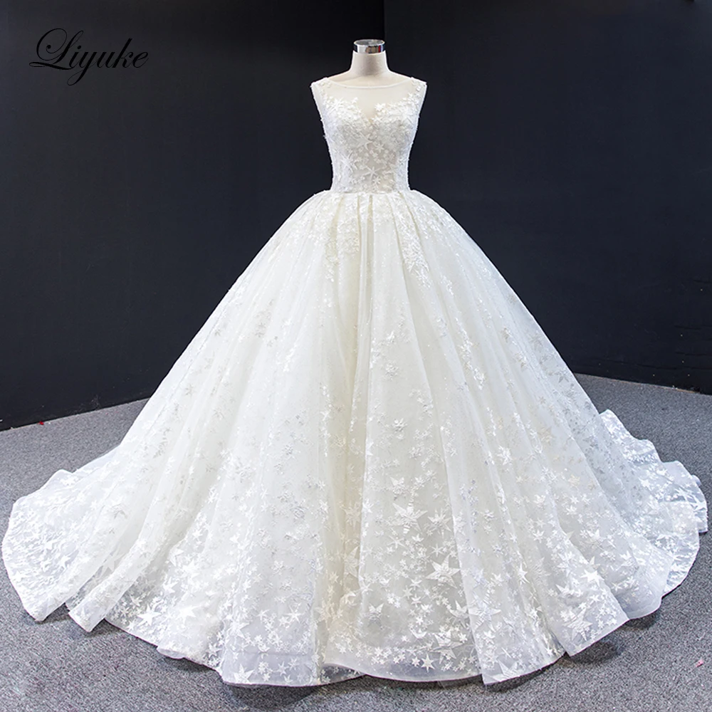 

Liyuke 2020 New Sleeveless Ball Gown Wedding dreses Star Lace With Chapel Train Bride Dress