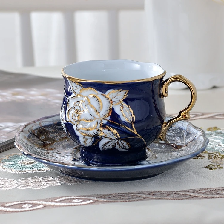 Blue Rose cup and saucer set Vintage ceramic porcelain color gold coffee cup free shipping