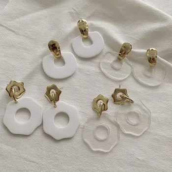 

AOMU Korean New Acrylic Transparent Geometric Big Exaggerate Gold Color Metal Button Flower Dangle Earrings for Women Jewelry
