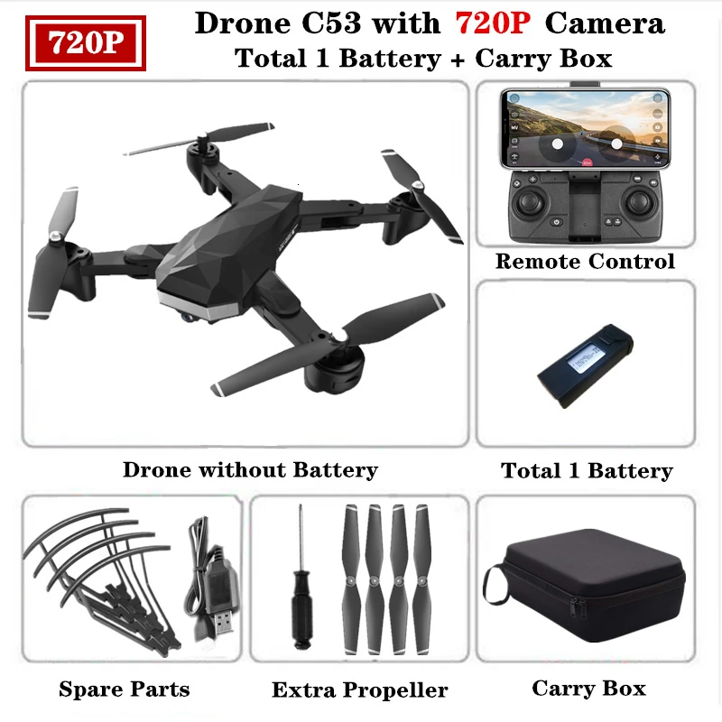 RC Drone C53 складной Дроны для селфи с 4K HD Двойная камера оптический поток следующий Квадрокоптер VS XS809S XS812 Вертолет игрушка - Цвет: 720P-Carry Box-1